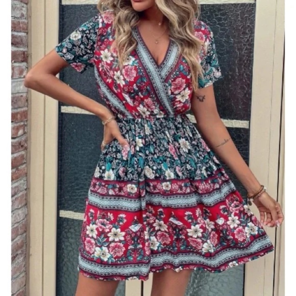 Bellanblue Dresses & Skirts - Boho Floral Print Short Sleeve Cottagecore Mini Dress